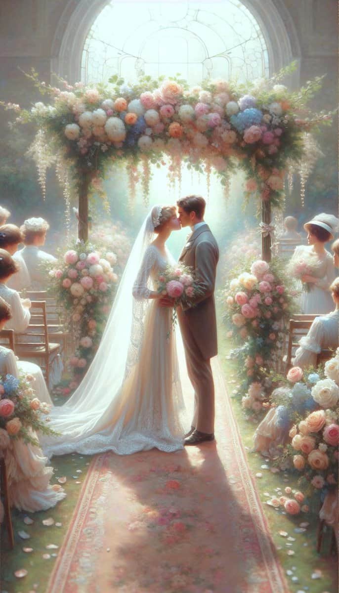 A painting of a bride and groom kissing under an arch adorned with seasonal flowers.