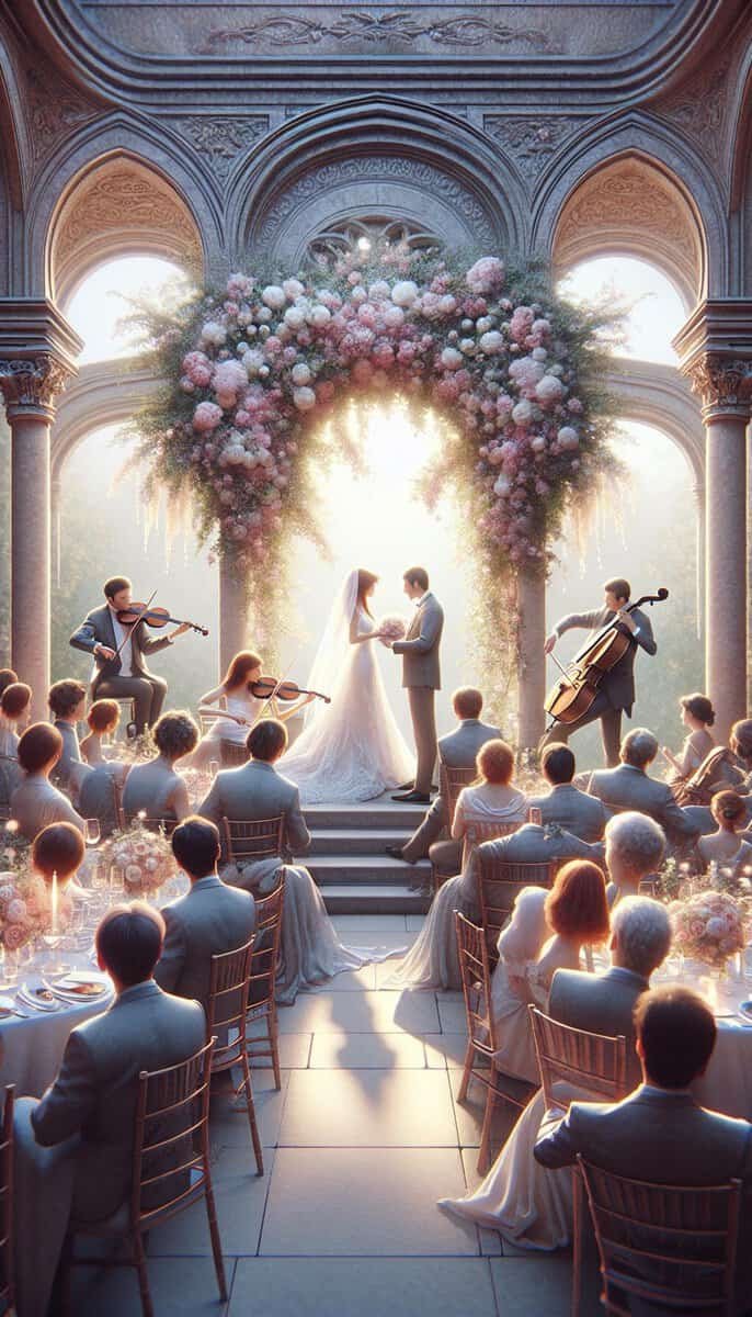 A painting of a wedding ceremony with live music in an ornate building.