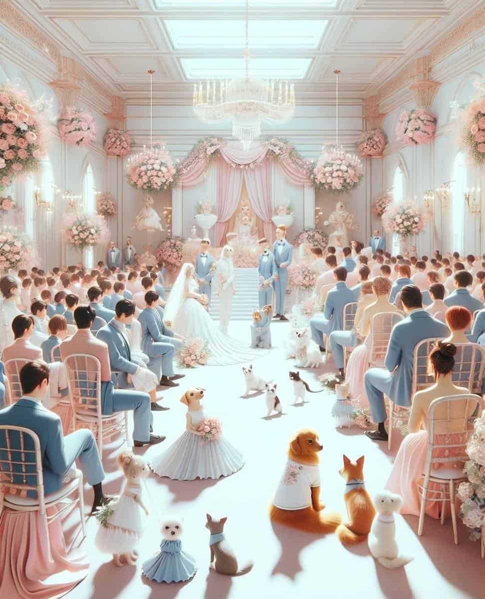 A pet-friendly wedding ceremony with many people and dogs.