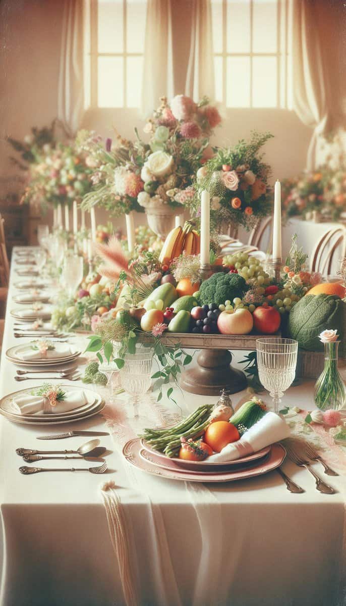 A wedding table is set with fruit and flowers, all vegetarian and vegan.