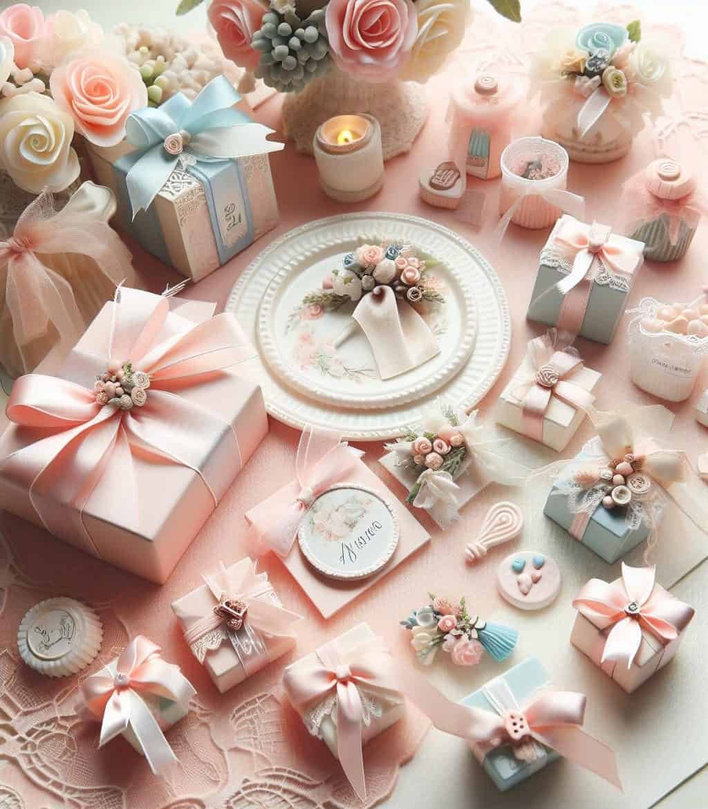 A table full of pink and white wedding decorations, perfect for guests who want lovely wedding favors.