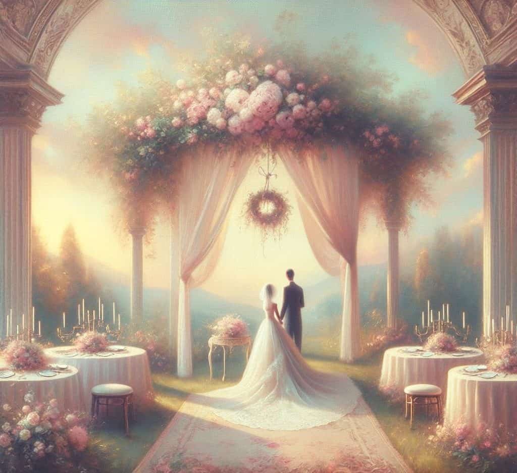 A painting capturing the shy moments between a bride and groom at their wedding.