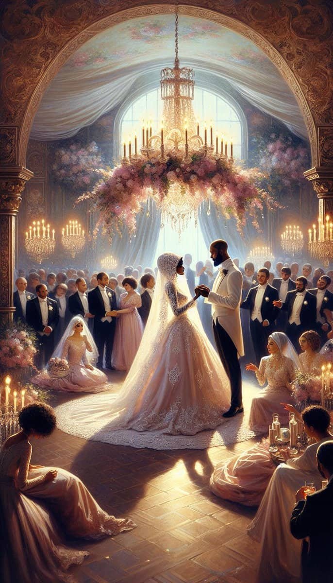 A captivating painting capturing the essence of a bride and groom in a magnificent ballroom, creating an enchanting ambiance reminiscent of a dreamy wedding site.