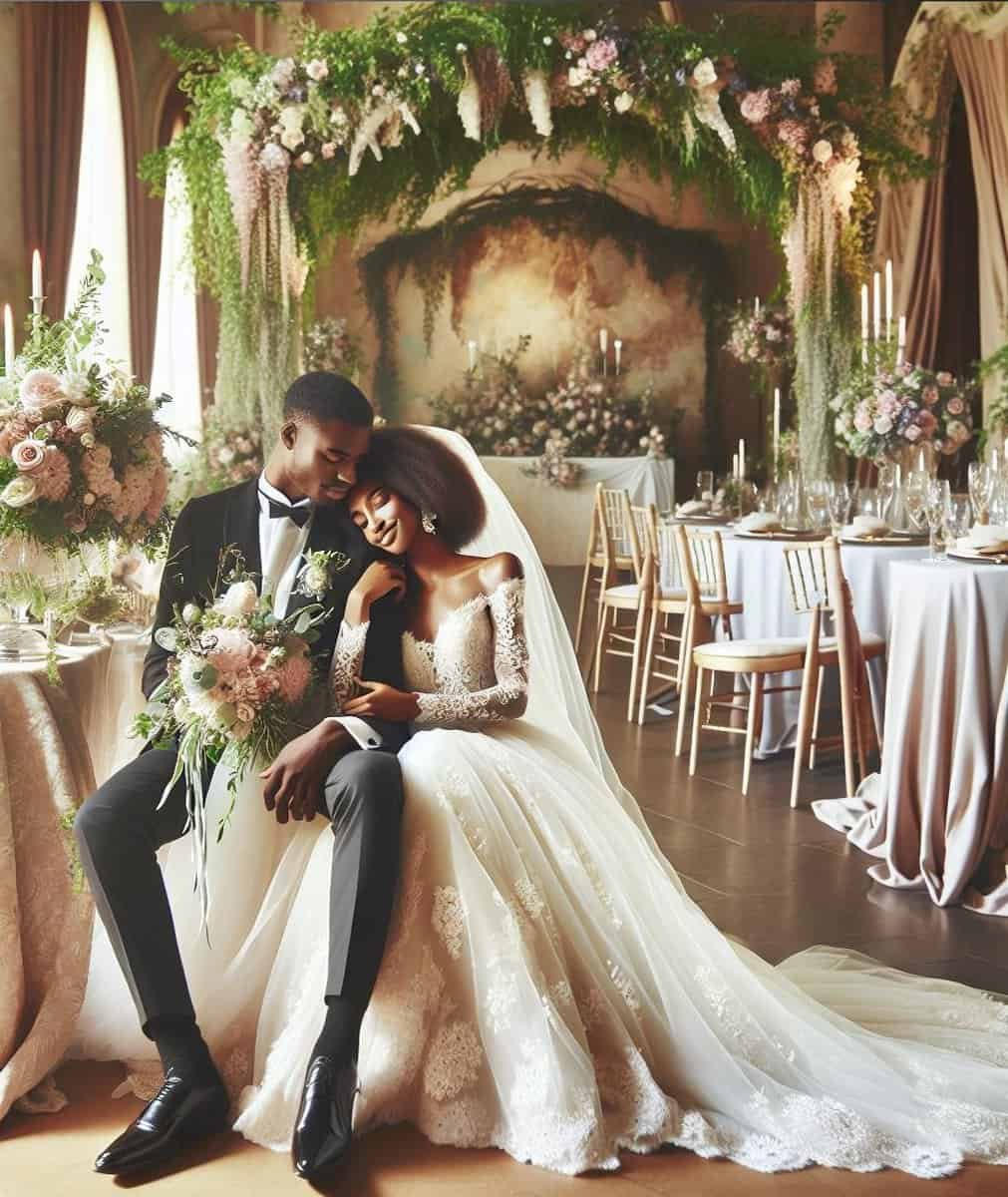 A bride and groom plus their wedding party posing in front of a floral arrangement, showcasing proper wedding etiquette.