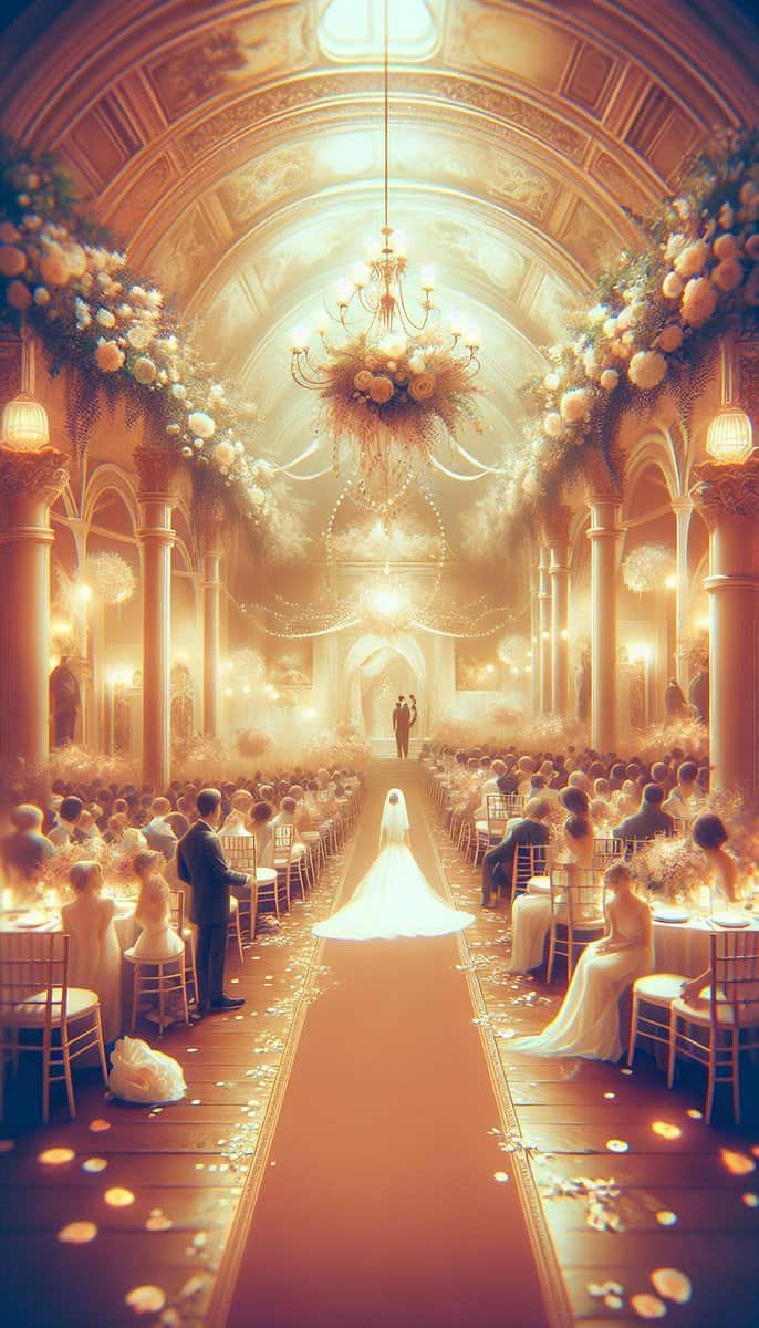 A painting featuring a themed wedding in an ornate room, with guests and inspiring wedding ideas.