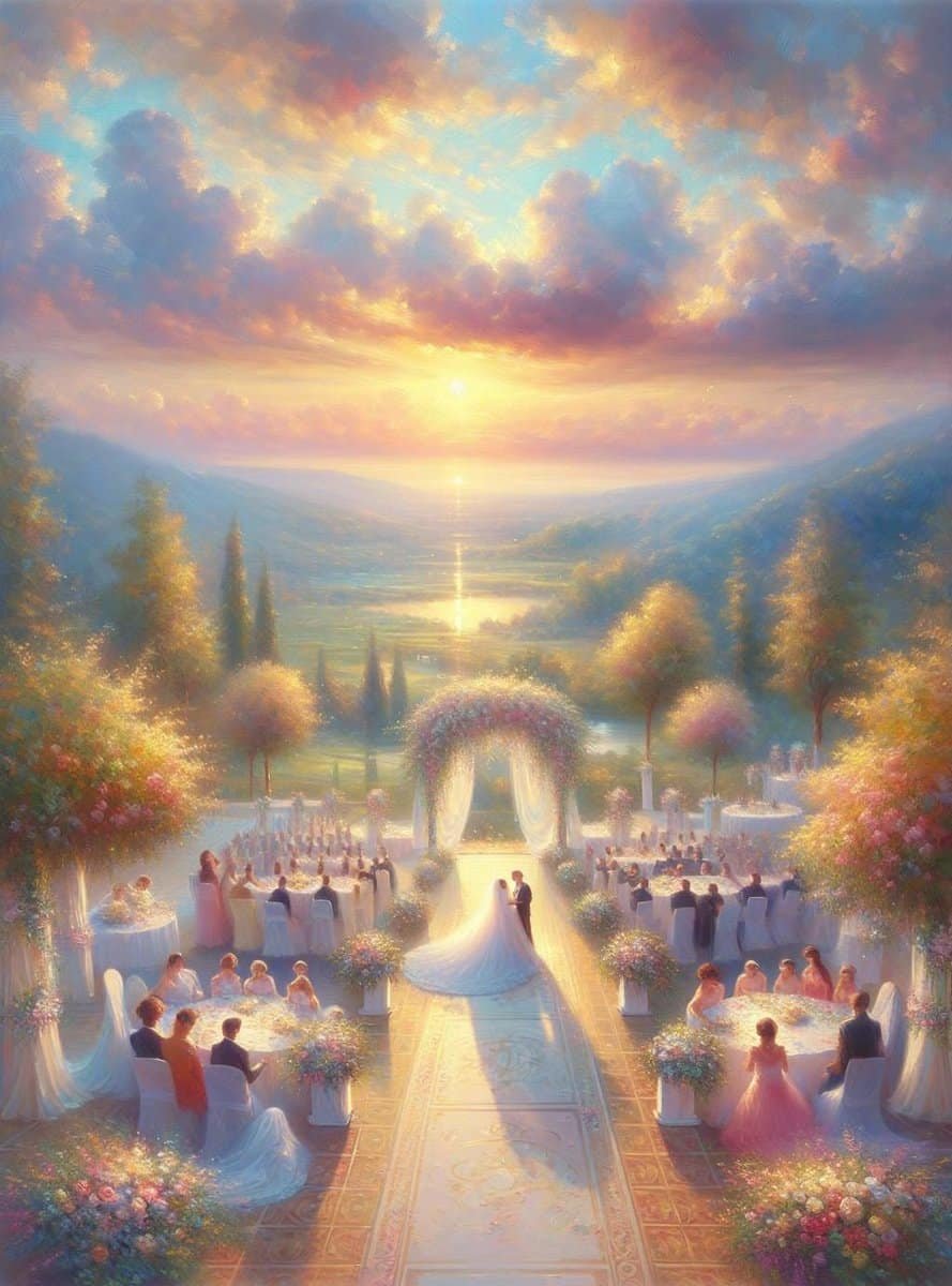 A stress-free wedding planning experience captured in a painting of a wedding ceremony at sunset.