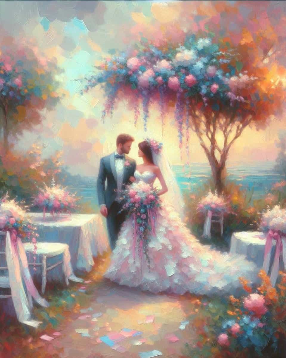 A painting of a bride and groom under a canopy of flowers, perfect for wedding planning.