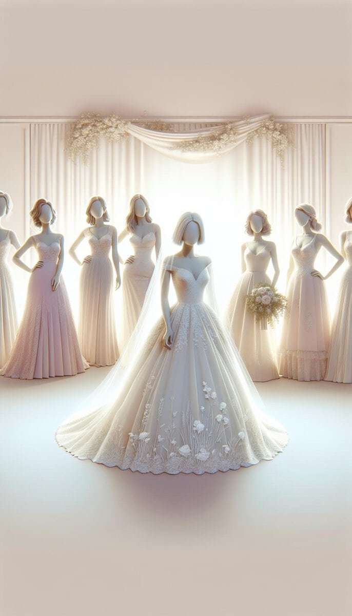 Wedding dress silhouettes on mannequins standing in front of a window.