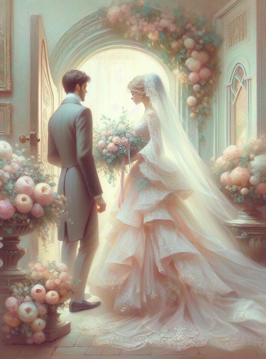 A stunning wedding planner-inspired painting showcasing a bride and groom standing gracefully in a romantic doorway.