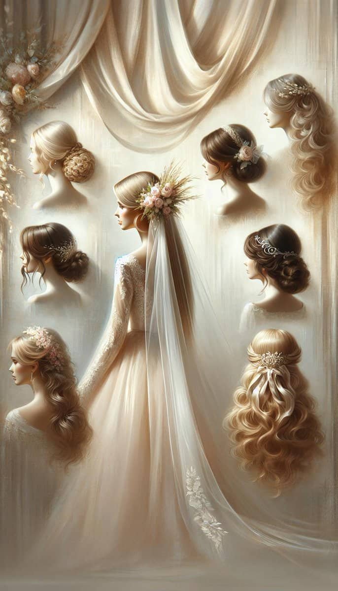 A portrait of a bride showcasing different wedding hairstyles.